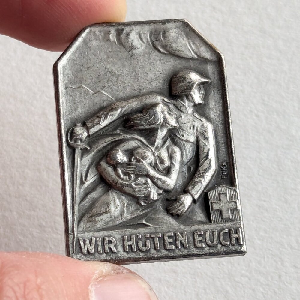 1939 Swiss War Mobilization Badge pin "We Guard You", art deco WWII pin